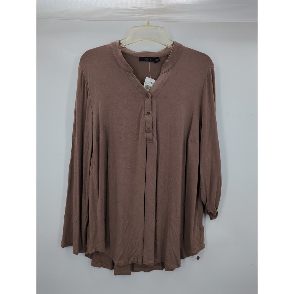 RDI Women's NWT Size 1X Mocha Brown Henley Long Sleeve Tunic Blouse